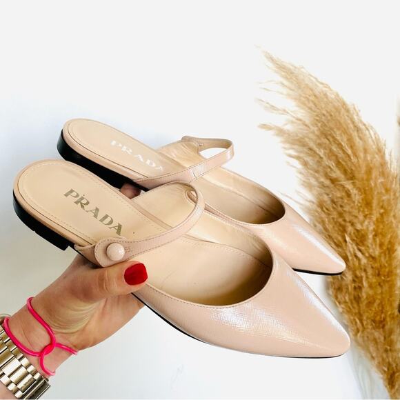 PRADA Nude Cream Beige Patent Leather Strap Pointed Toe Flats Slip On Slides 38 - Picture 12 of 16